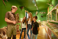 Bild vergrößert sich per Mausklick: Mitarbeiter des Forstmuseums Waldpavillon steht vor drei Jugendlichen und gibt Erklärungen zu einer ausgestopften Eule, die er in der Hand hält